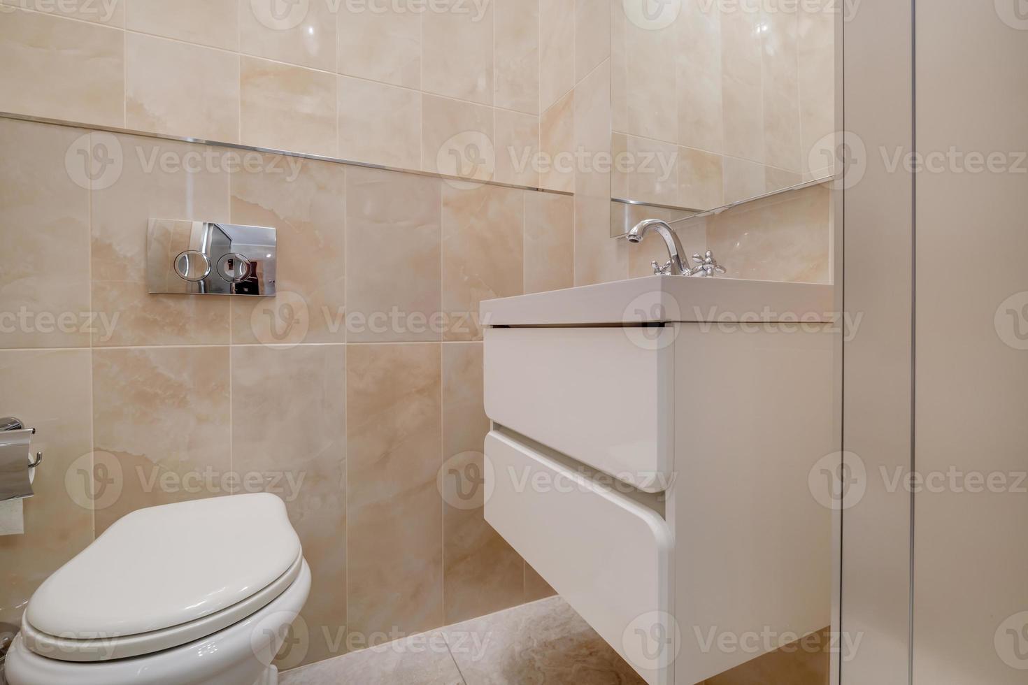 toilet and detail of a corner shower cabin with wall mount shower attachment photo