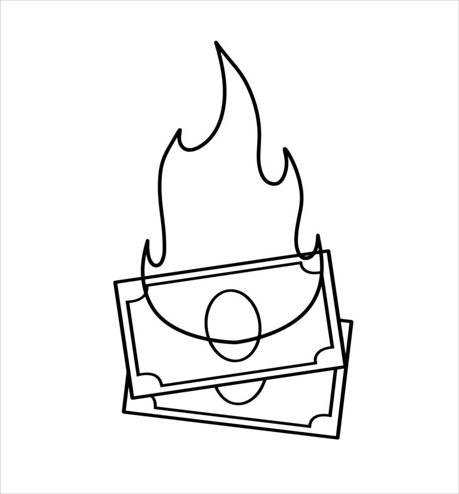 Burning dollar. Sketch money on fire. Failed business and economic crisis. Loss and inflation. Doodle Cartoon illustration vector
