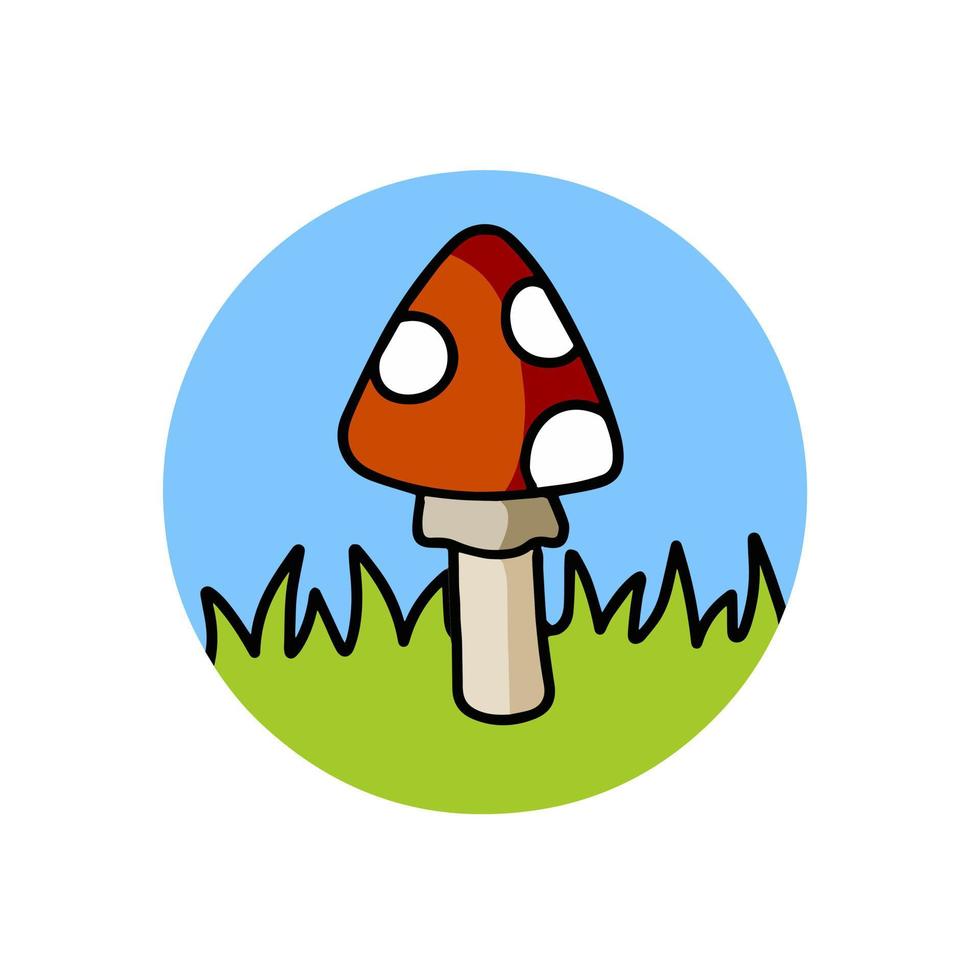 Mushroom logo in a circle with red cap. Fly agaric on the green grass. Natural scenery. vector