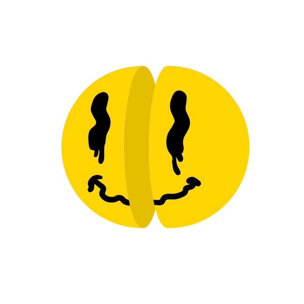 Acid smile face. Retro symbol of rave and techno. Melted trippy character. Comic funky yellow sticker. vector