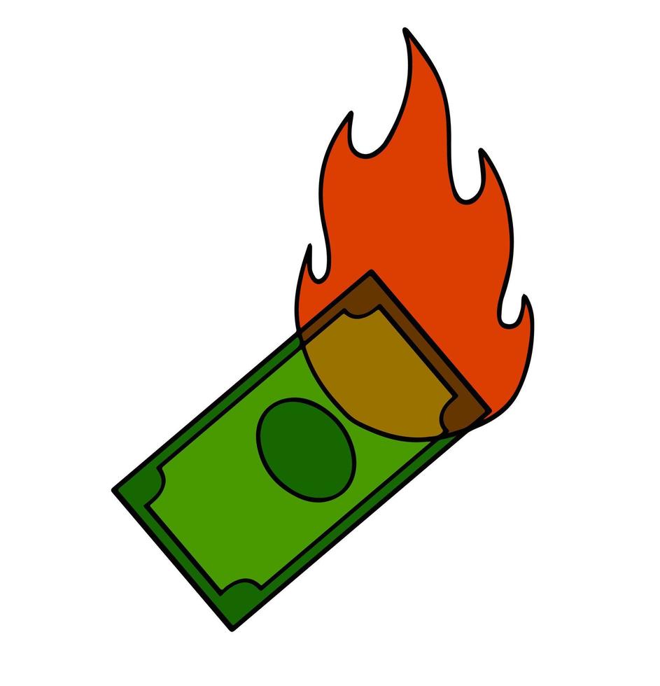 Burning dollar. Green money on fire. Failed business and economic crisis. Loss and inflation. Cartoon flat illustration vector