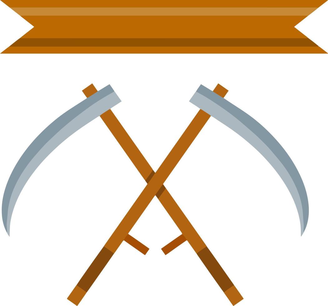guadaña de pueblo. herramienta de madera con hoja. siega de hierba. símbolo de la cosecha rural. ilustración plana de dibujos animados sobre fondo blanco vector