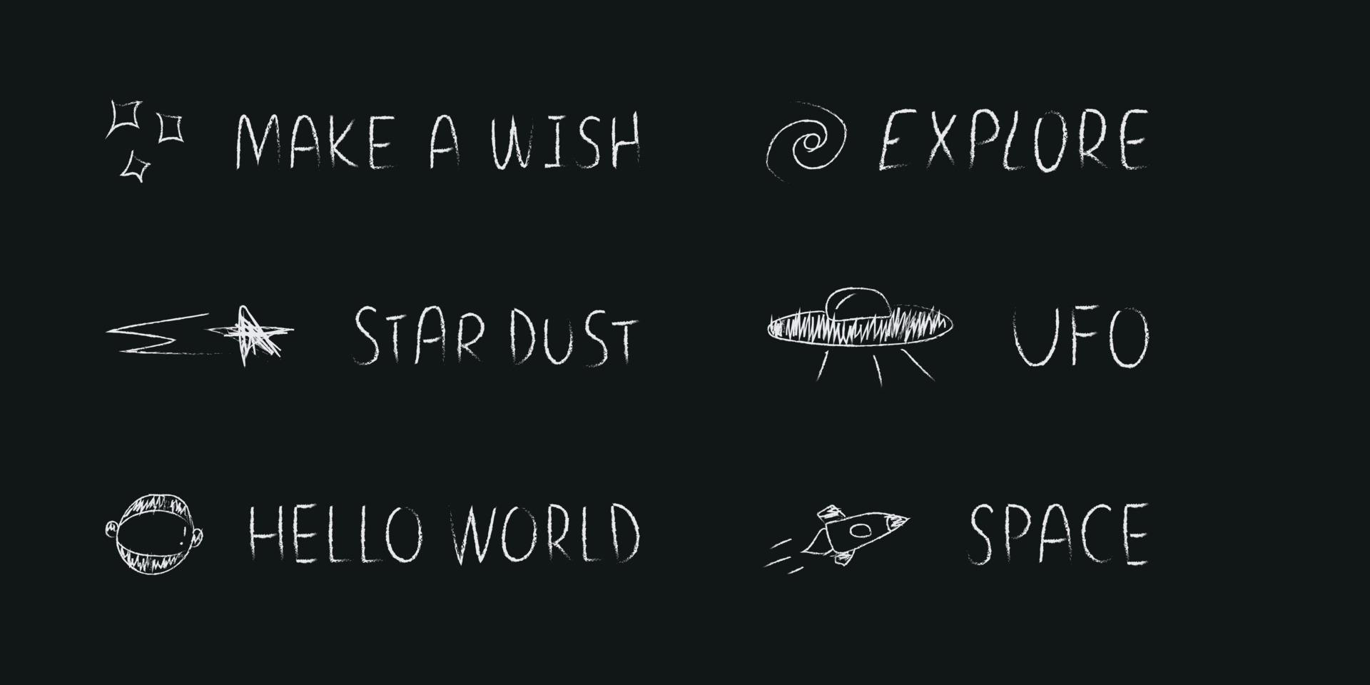 Doodle cosmos illustration set in childish style, design clipart. Hand drawn abstract space elements with lettering. Black and white. vector
