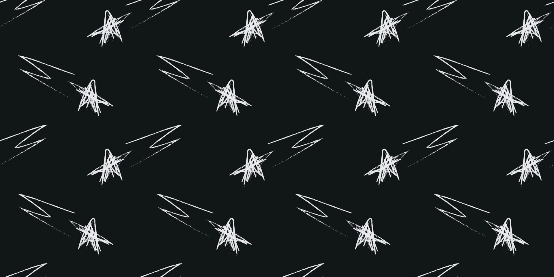 Doodle cosmic seamless pattern in childish style. Hand drawn abstract shooting stars. Black and white vector