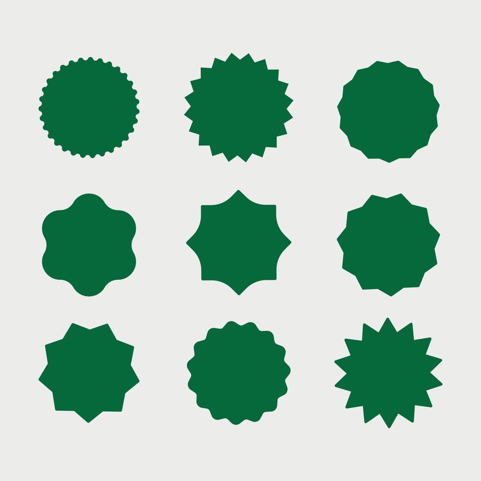 Starburst stickers set. Green badges collection, different star shapes. Label for price, sale. Vector illustration