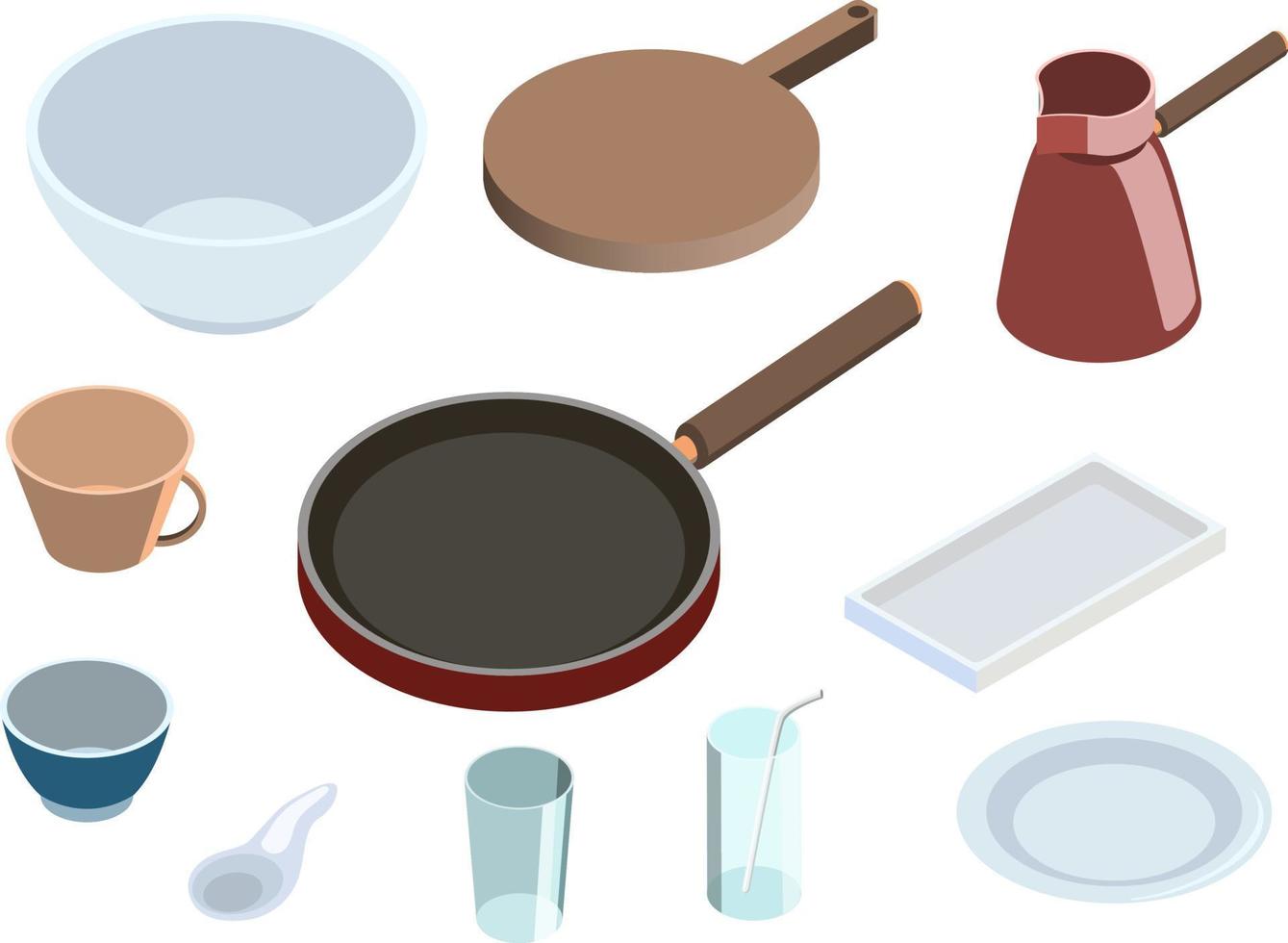 Set of various kitchenware isometric style. Isolated on white background vector