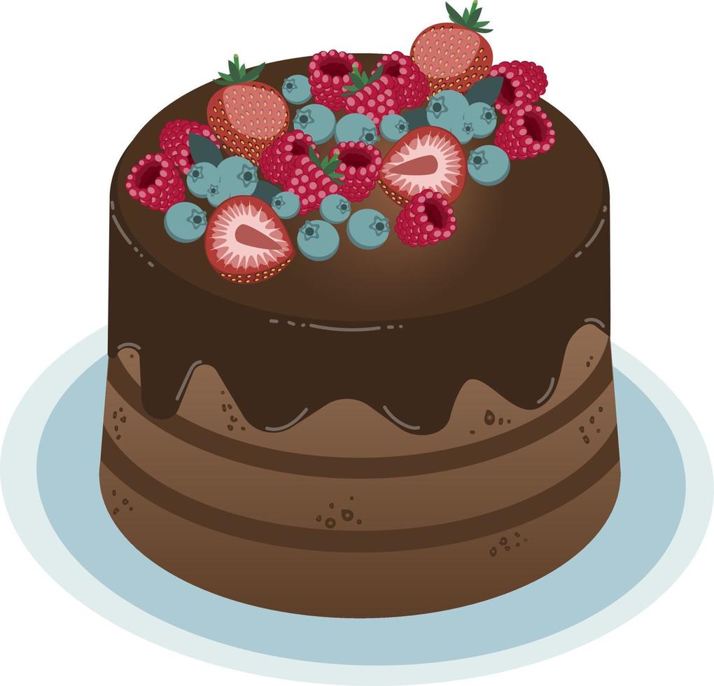 Vector isometric chocolate cake with assorted berries, blueberries, strawberries, raspberries