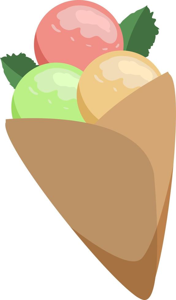 helado colorido en un cono de gofre, bolas rosas, verdes y vainilla, aislado en fondo blanco vector