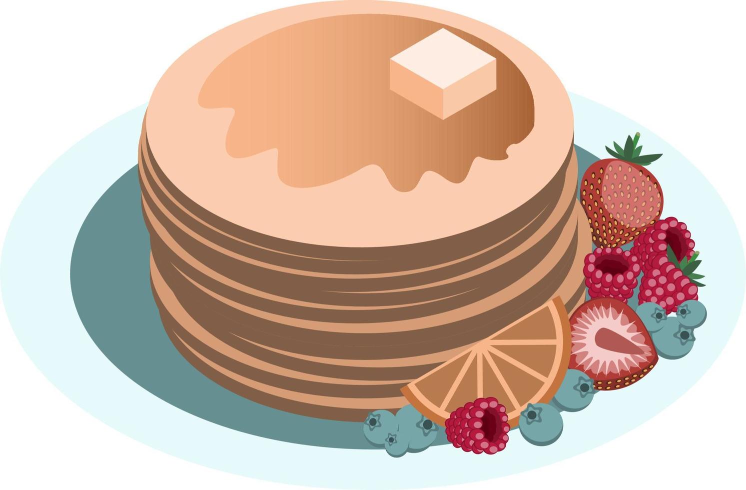 panqueques isométricos vectoriales con bayas variadas, arándanos, fresas, frambuesas, miel y mantequilla vector