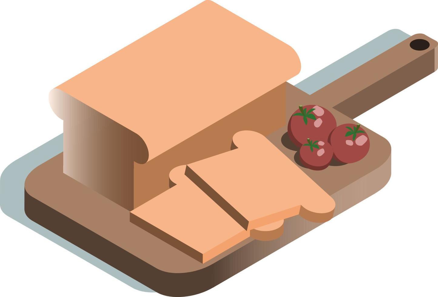 Vector isometric wooden board with bread loaf and bread slices decorated with tomatoes