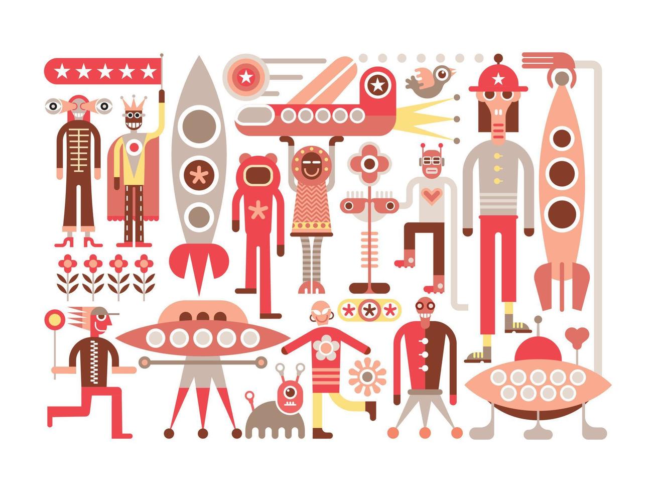 Humans and Aliens vector illustration