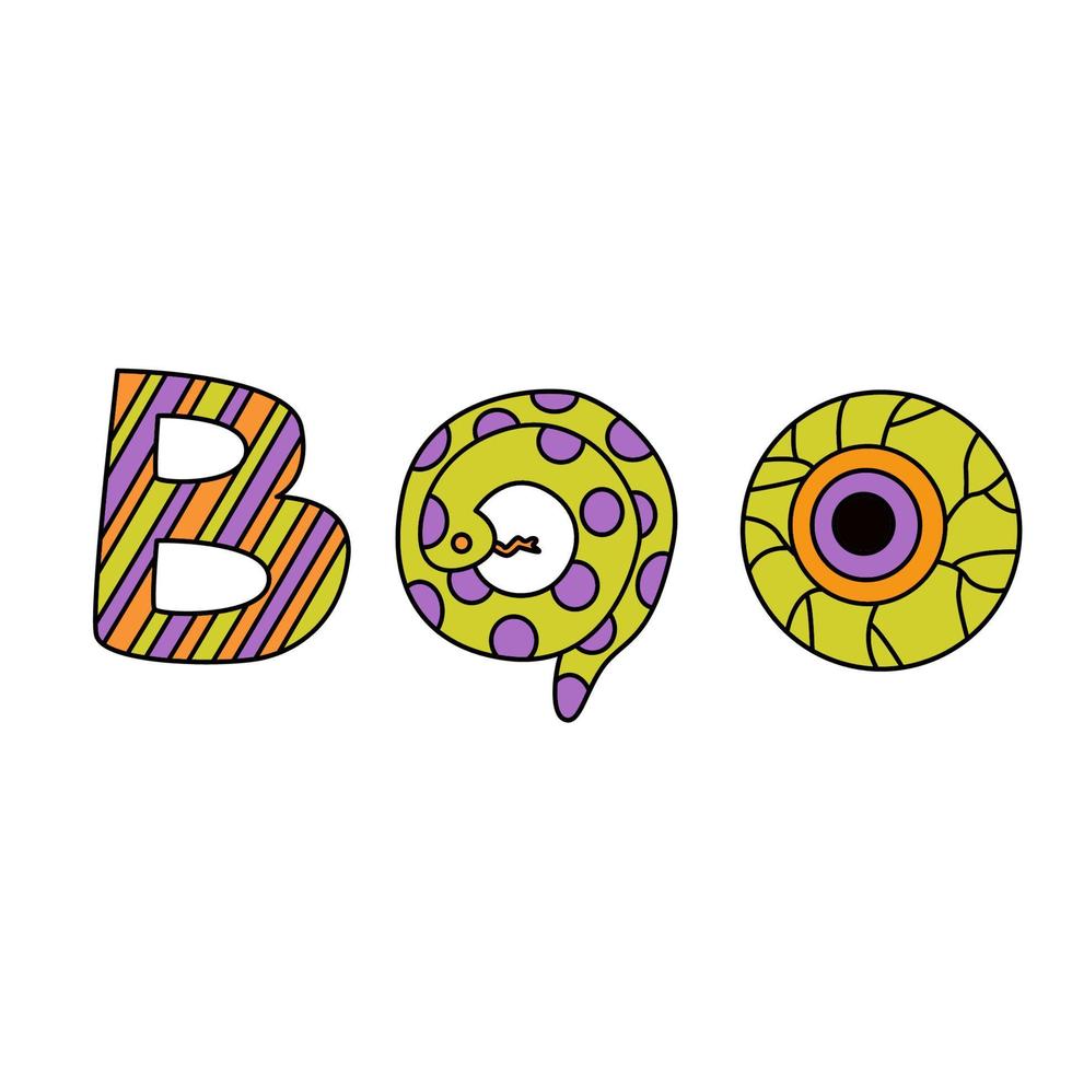 tarjeta de felicitación de halloween con letras de colores boo. ilustración vectorial dibujada a mano aislada en blanco vector