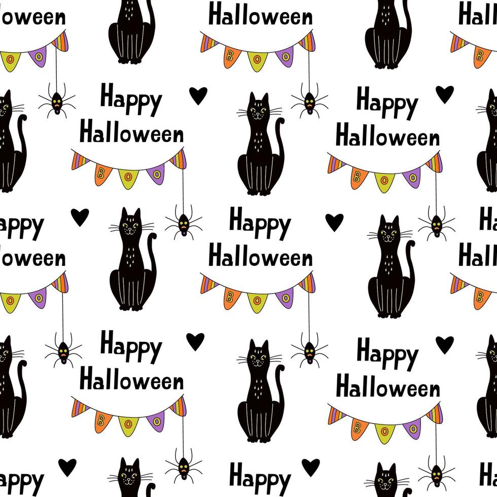 Happy Halloween seamless pattern with black cats, spiders and boo garlands on white background. Hand drawn vector illustration and lettering in doodle style