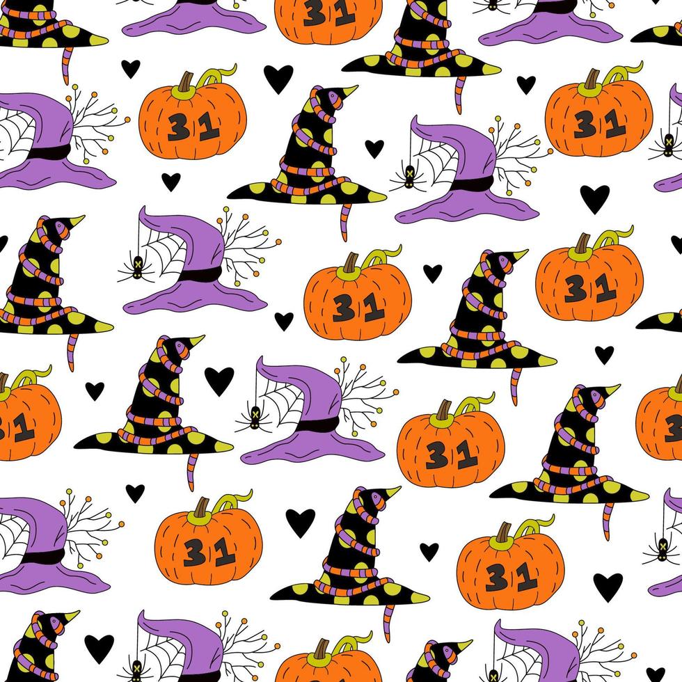 patrón sin fisuras de halloween con jack o linternas, sombreros de bruja y arañas sobre fondo blanco. ilustración vectorial dibujada a mano en estilo garabato vector