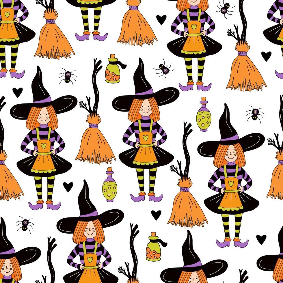 Halloween seamless pattern with little witch, brooms and bottles of poison on white background. Hand drawn vector illustration in doodle style