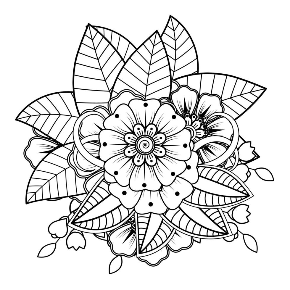 fondo floral con flor mehndi. adorno decorativo en estilo étnico oriental, adorno de garabato, dibujo a mano de contorno. página del libro para colorear. vector