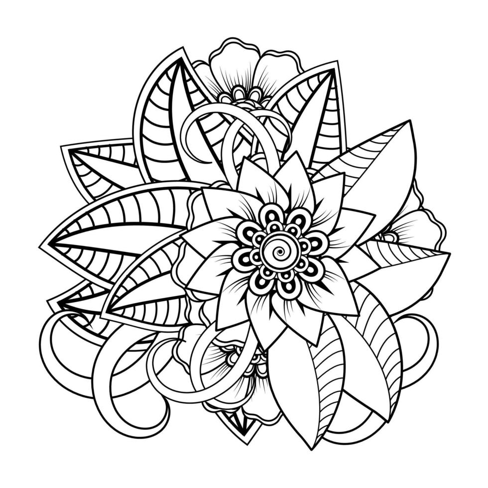 fondo floral con flor mehndi. adorno decorativo en estilo étnico oriental, adorno de garabato, dibujo a mano de contorno. página del libro para colorear. vector