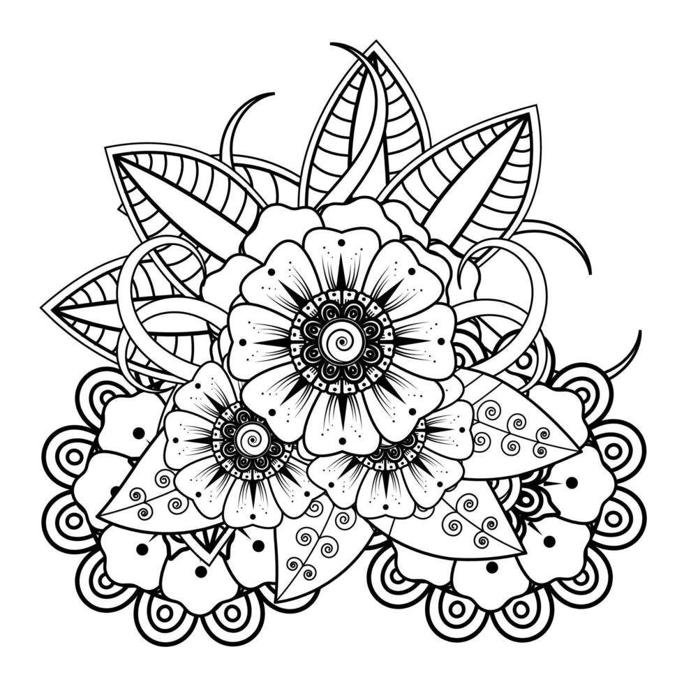 fondo floral con flor mehndi. adorno decorativo en estilo étnico oriental, adorno de garabato, dibujo a mano de contorno. página del libro para colorear. vector