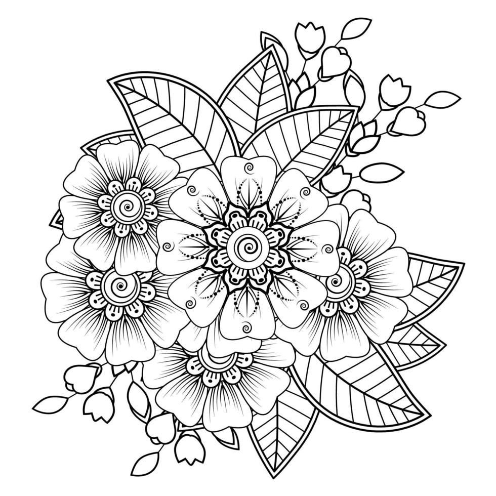 fondo floral con flor mehndi. adorno decorativo en estilo étnico oriental, adorno de garabato, dibujo a mano de contorno. página del libro para colorear. vector