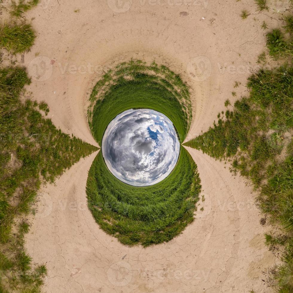 Blue little planet ball. Inversion of tiny planet transformation of spherical panorama 360 degrees. Spherical abstract aerial view. Curvature of space. photo