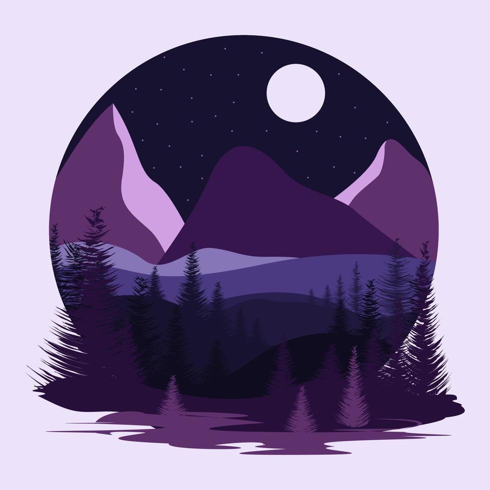 Cartoon night landscape with mountains and forest. Cartoon night landscape for concept design. Cartoon vector illustration. Night view.