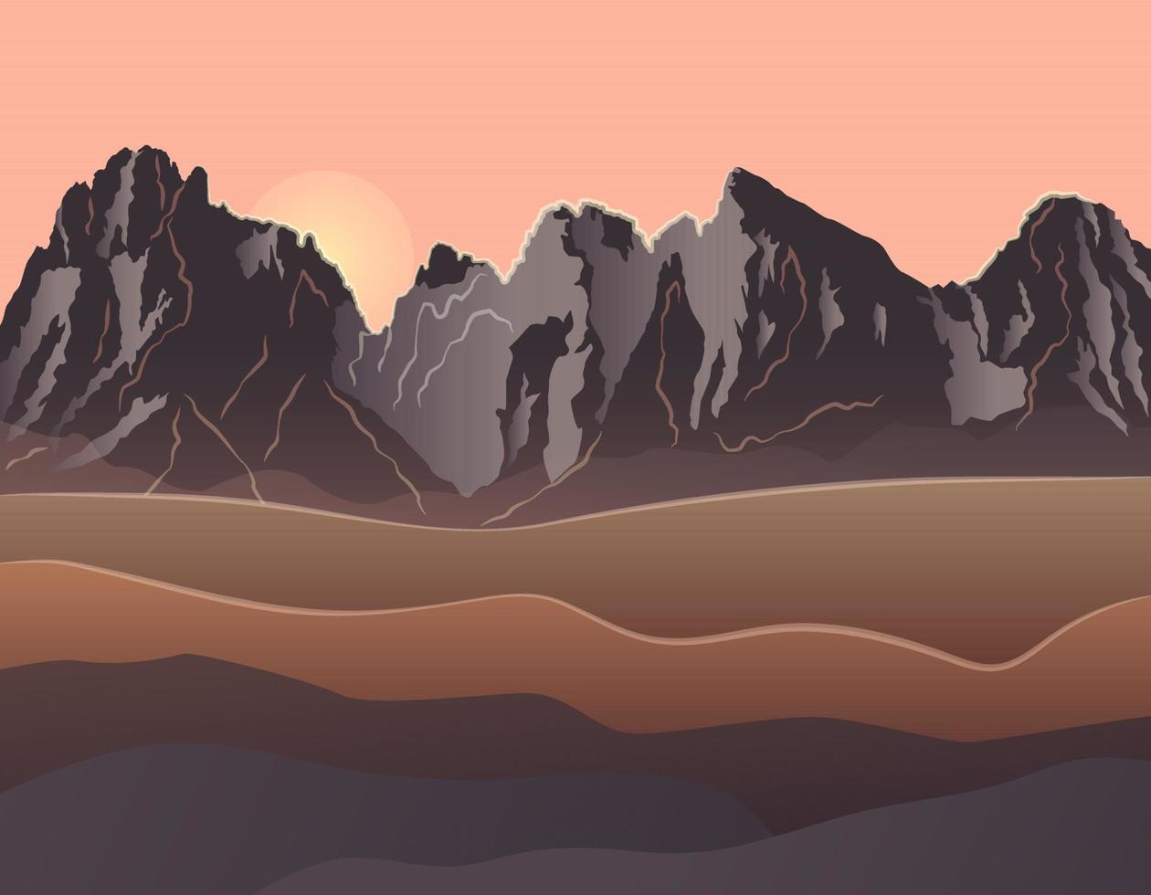 elegante paisaje matutino con montañas y desierto. ilustración vectorial paisaje natural de verano. paisaje con montañas para diseño de impresión. fondos de pantalla con desierto. vector