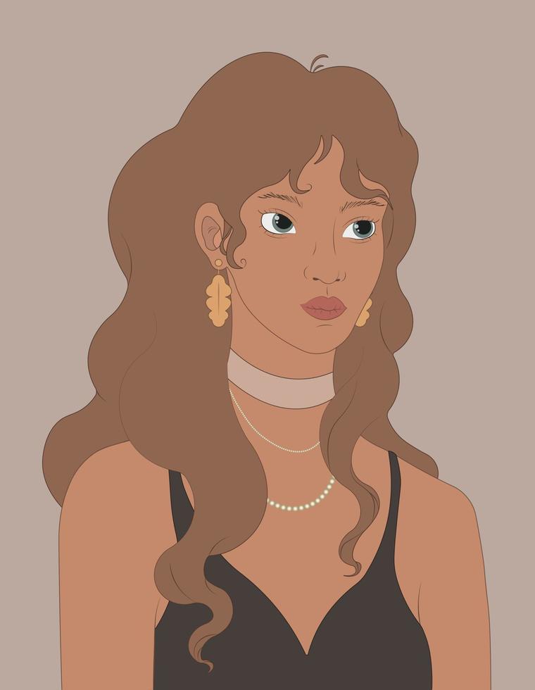 retrato de cara de mujer de piel de belleza. look de moda. retrato moderno de niña en vestido negro. retrato de moda. vector