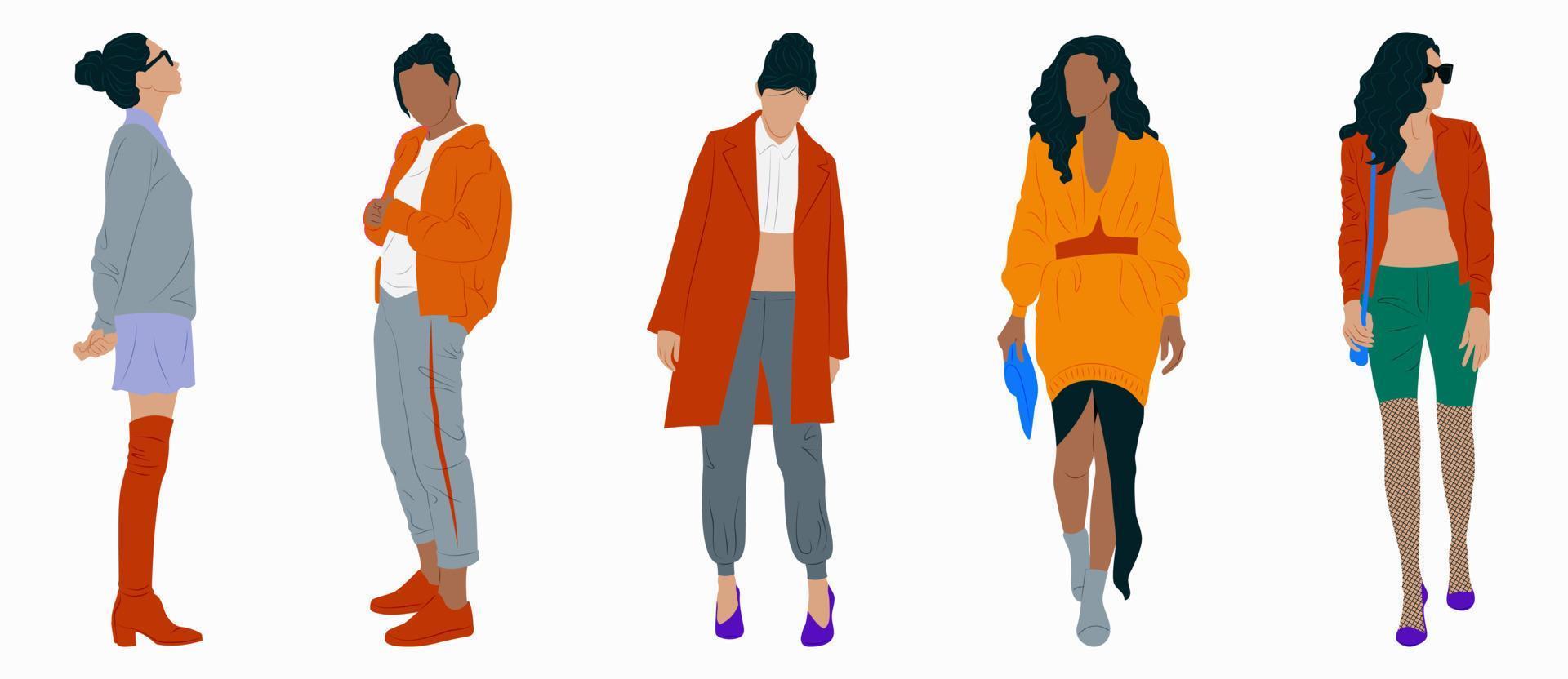 ambientado con mujeres elegantes con ropa diferente al estilo minimalista. mujeres de moda en ropa cómoda. estilo urbano. ilustración vectorial vector