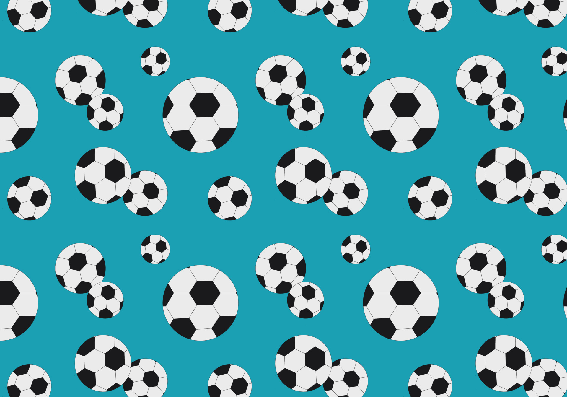 Bright cute pattern with soccer balls on blue background. Seamless