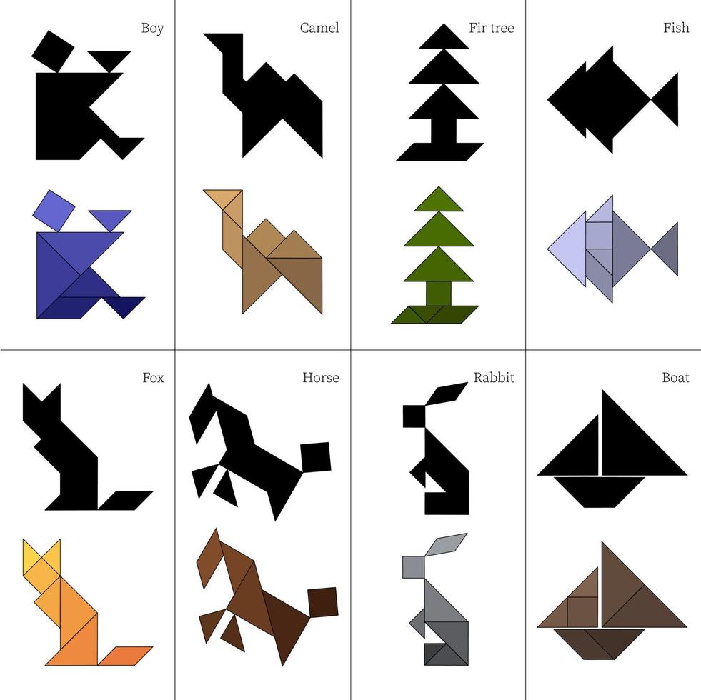 esquemas de juego de rompecabezas de tangram con diferentes objetos vector