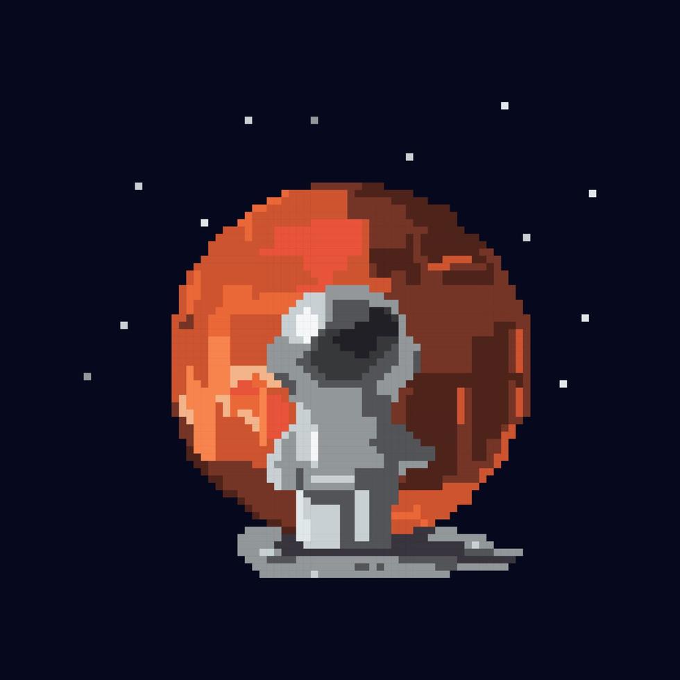 Colorful pixel art design with astronaut and Mars on black background. Vector illustration