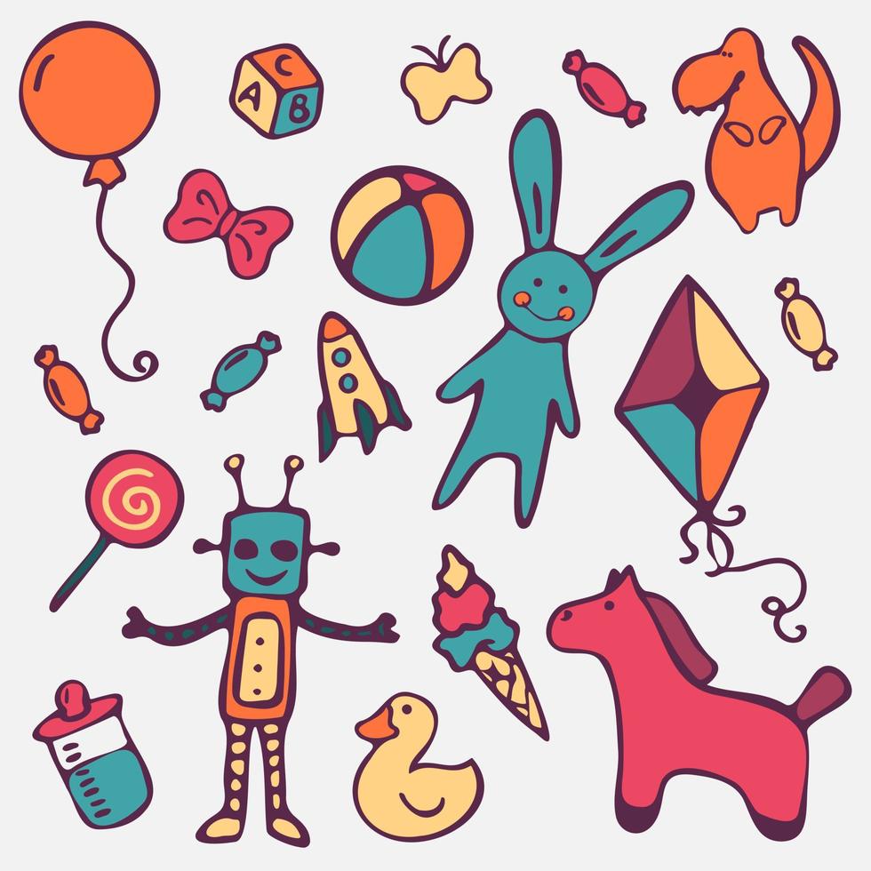 Set with different cute and funny toys. vector