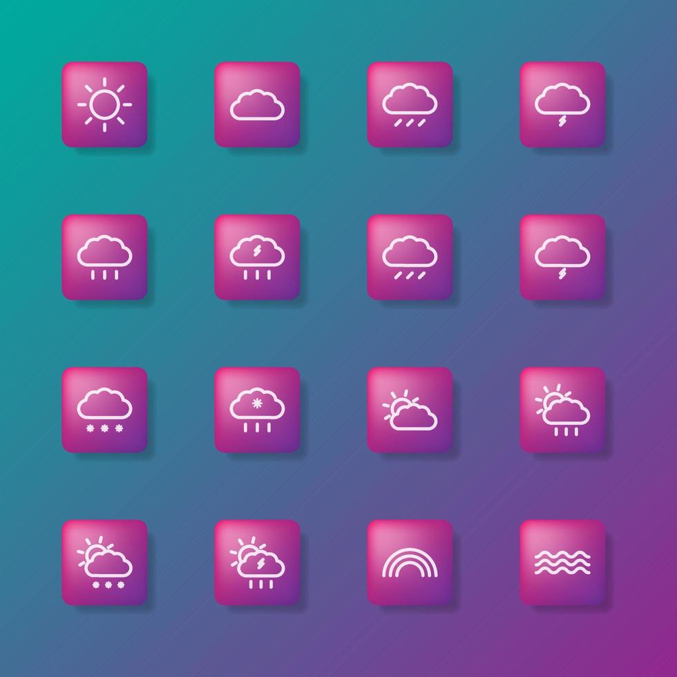 icons with phenomena weather. Set of 16 trendy icons for websites or applications. UI and App icons for smartphones or tablets. Vector illustration