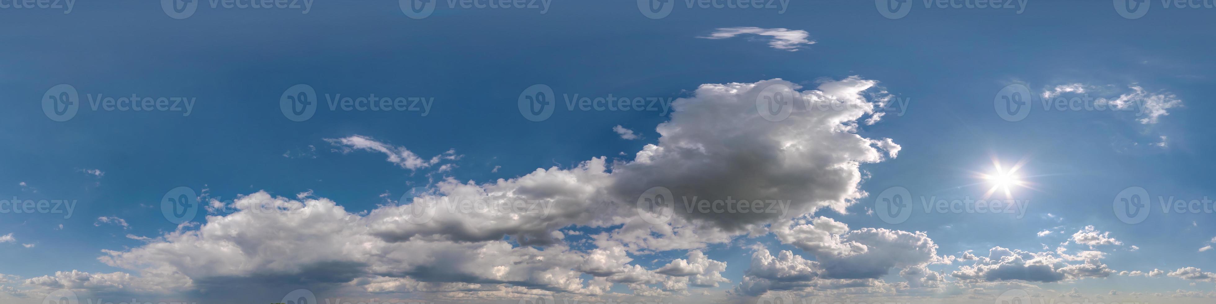 hdri 360 panorama of blue sky with white beautiful clouds. Seamless panorama with zenith for use in 3d graphics or game development as sky dome or edit drone shot for sky replacement photo