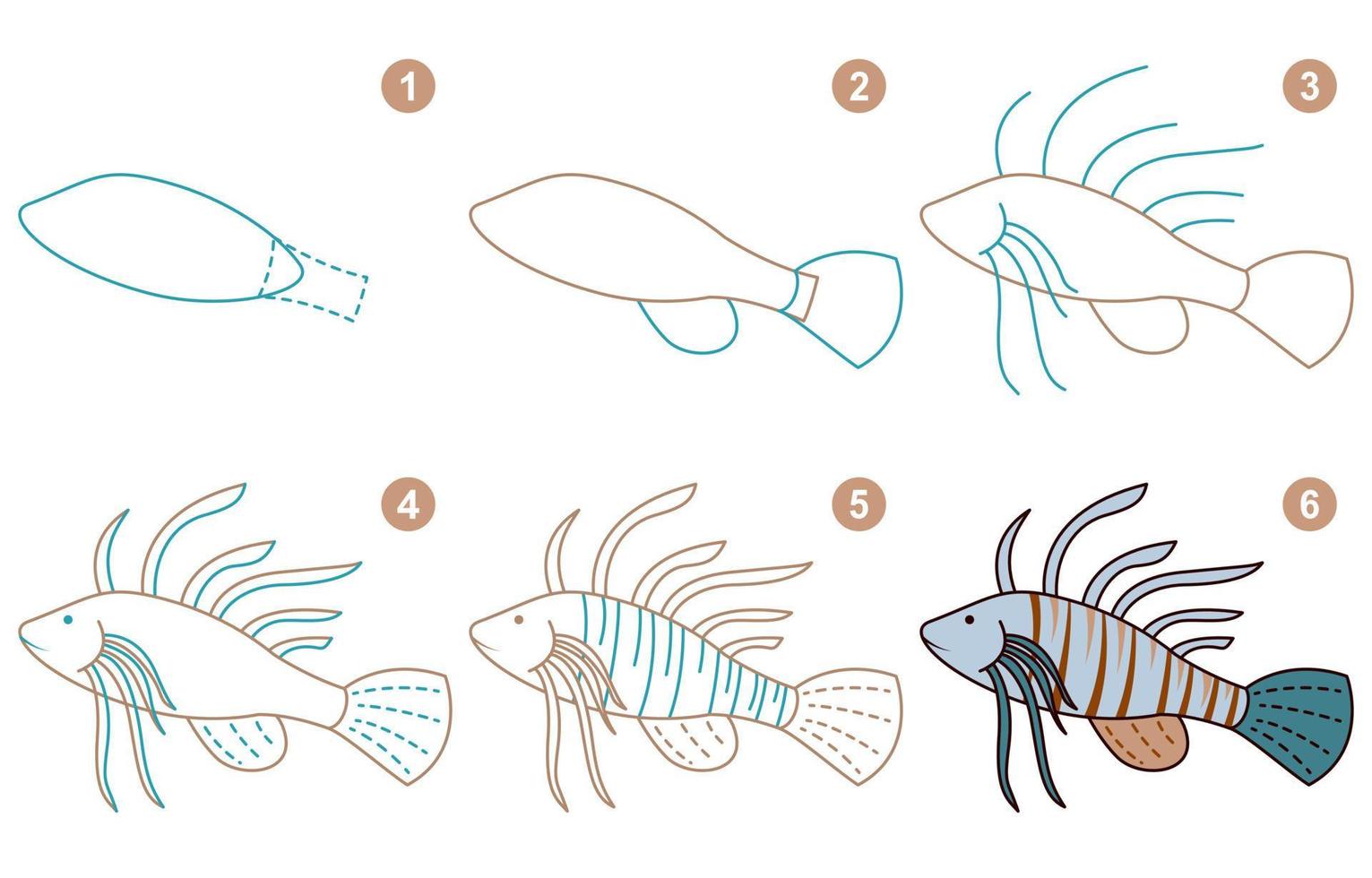 Instructions for drawing cute zebra fish. Follow step by lionfish. Worksheet for kid learning to draw pisces. Game for child vector page. Scheme for drawing zebra fish. Vector illustration