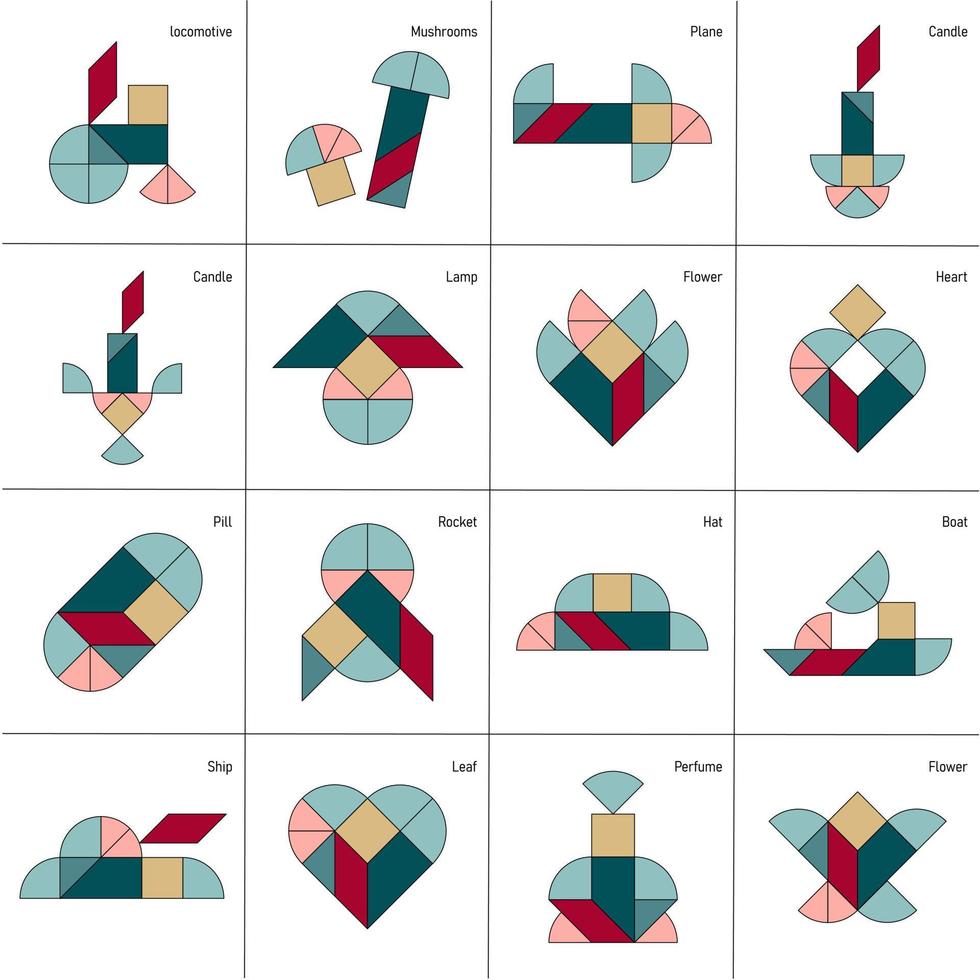 hoja de juego de rompecabezas. esquemas con diferentes objetos. vector