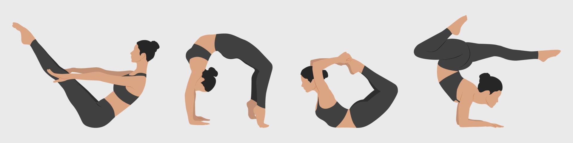 Set with women doing yoga. Yoga Positions. Women practice yoga. Vector illustration in minimalism style.