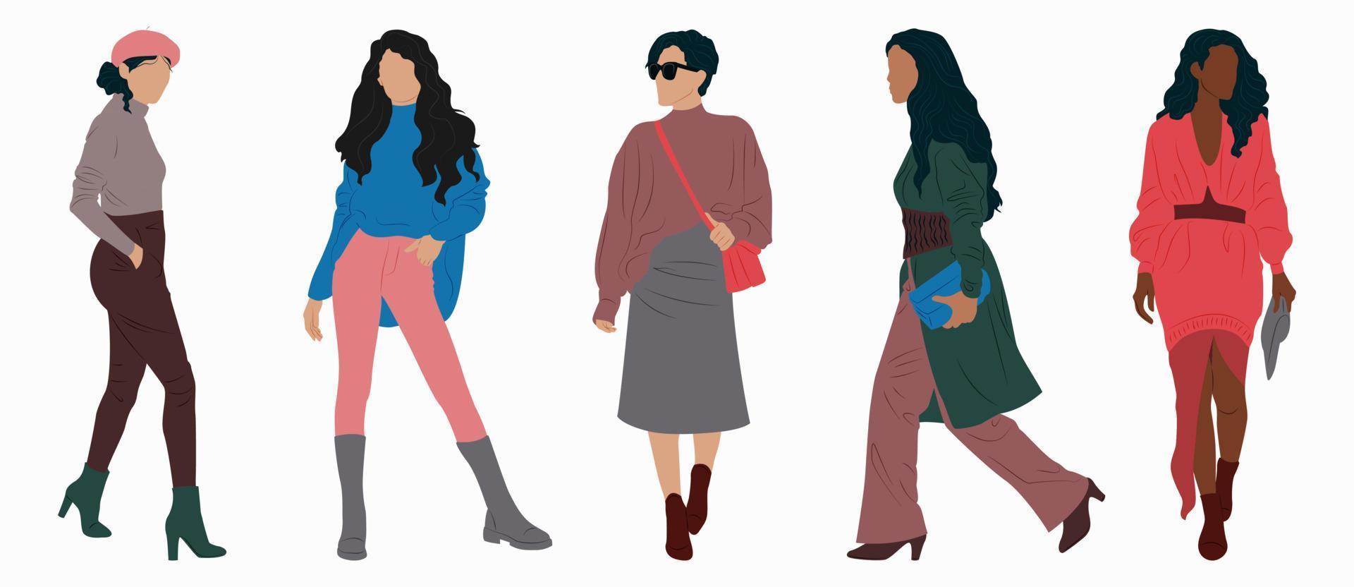 Set with stylish women in different clothes in minimalism style. Fashionable women in comfortable clothes. Urban style. Vector illustration