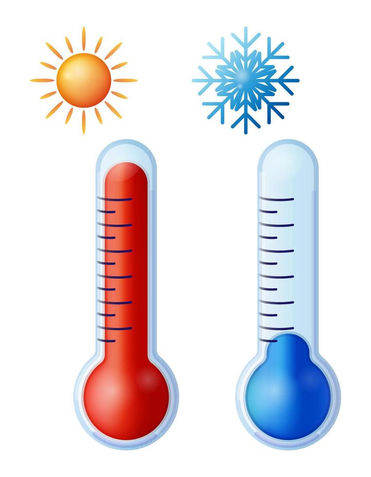 Thermometers with hot and cold climate indicators. Thermometers with red and blue indicators. Hot and cold temperatures outside. Vector illustration