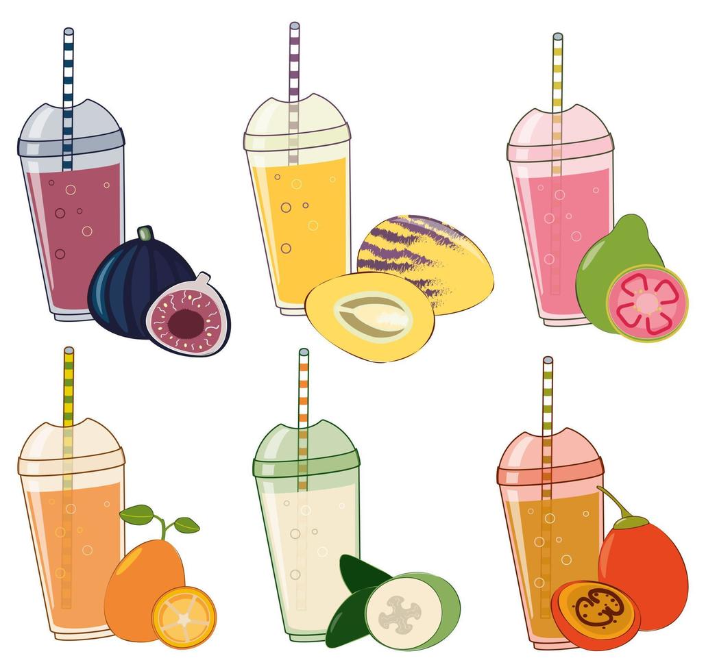 Closeup of colorful cocktails and exotic fruits on white background. Sweet food. Vegetarian food. Vector illustration