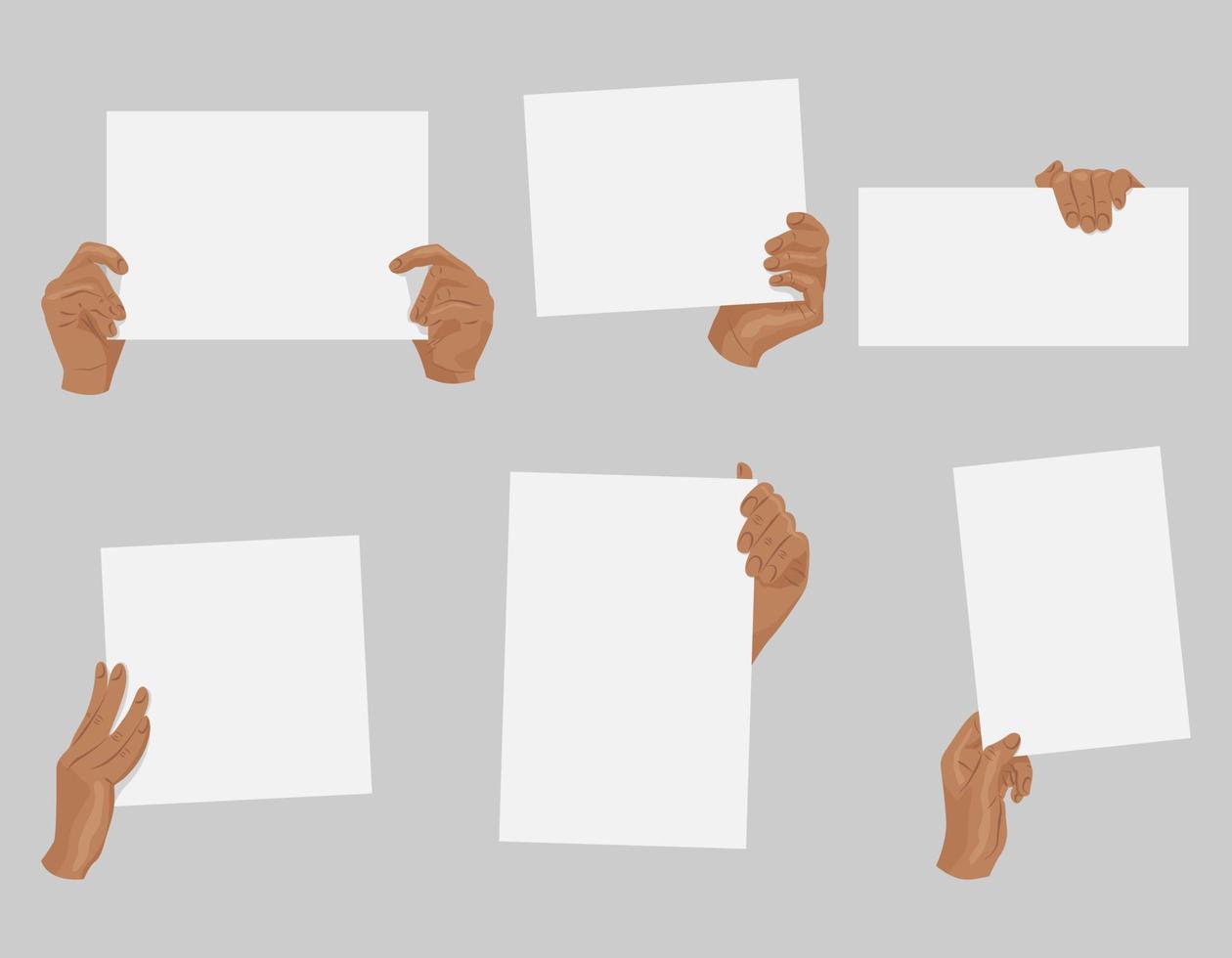 Set of hands holding blank piece of paper for messages. Female hands holding different banners. Vector illustration