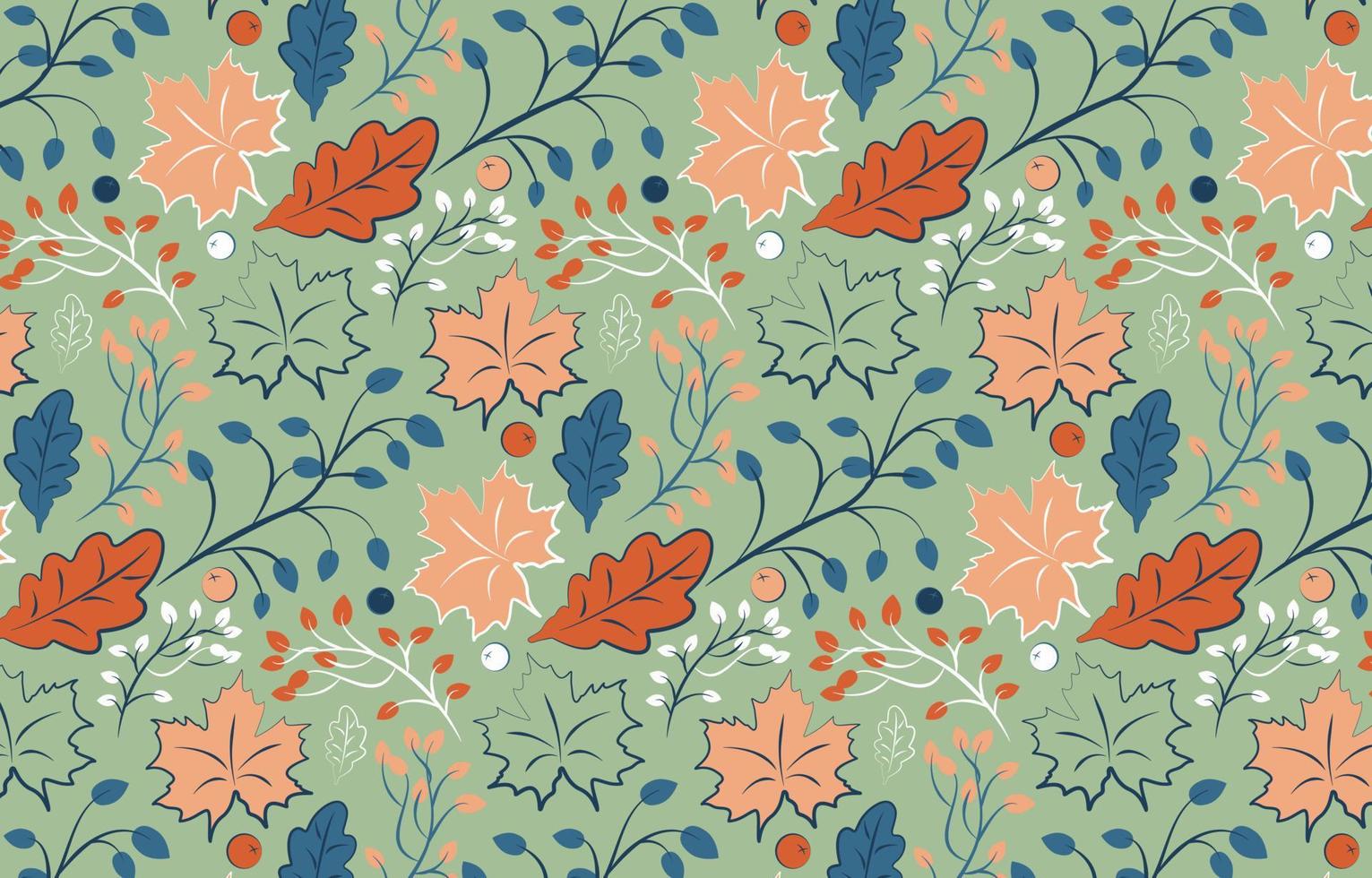 Beautiful autumn pattern in vintage style oak leaves, twigs and berries on a green background. Vector illustration