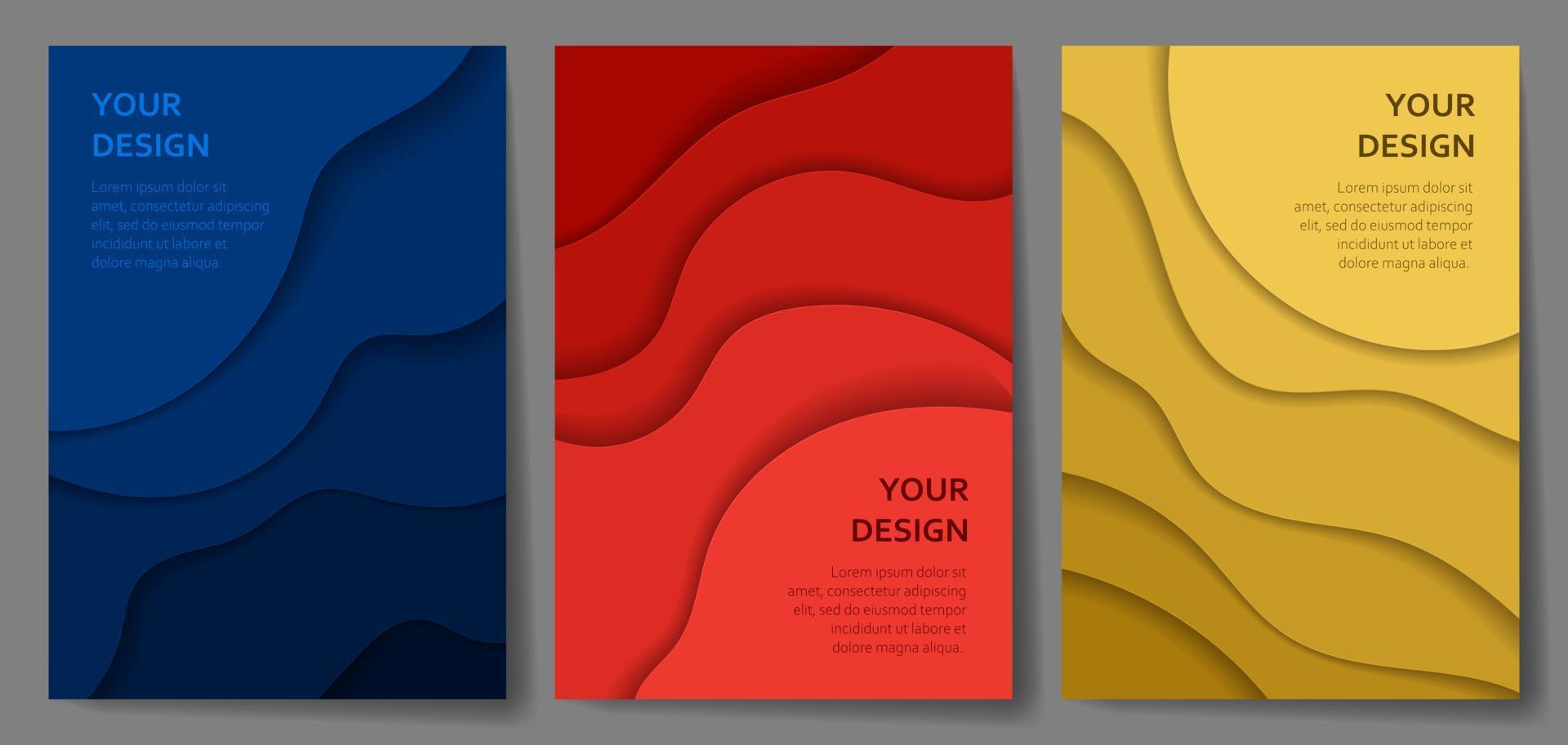 Paper cut cover. Frame design with abstract waves in trendy paper cut style. Blue, red and yellow colors vector background useful for brochure template, restaurant menu or invitation.