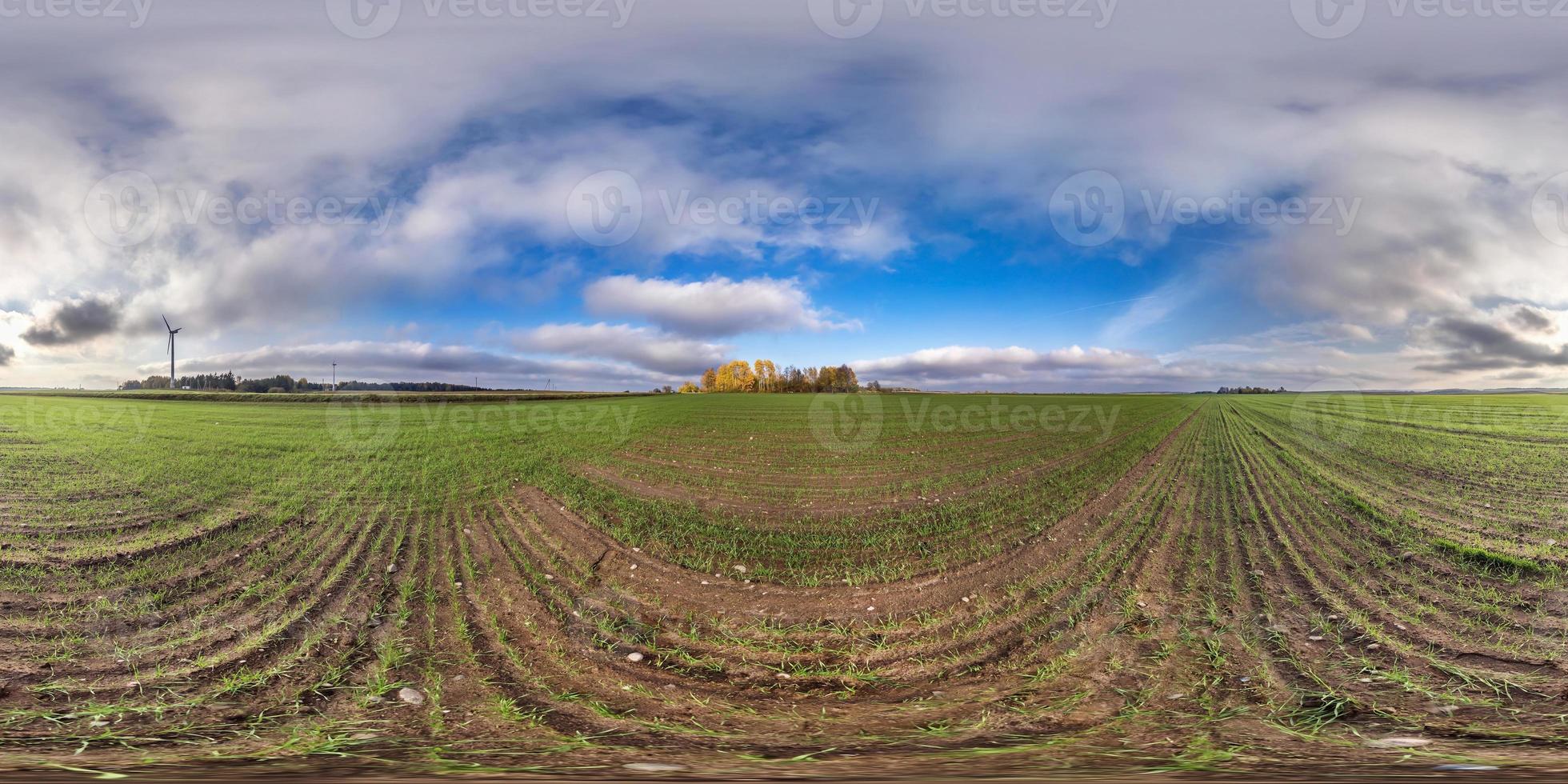 full seamless spherical hdri panorama 360 degrees angle view near in agro field near windmill propeller in equirectangular projection, VR AR content. Wind power generation. Pure green energy. photo