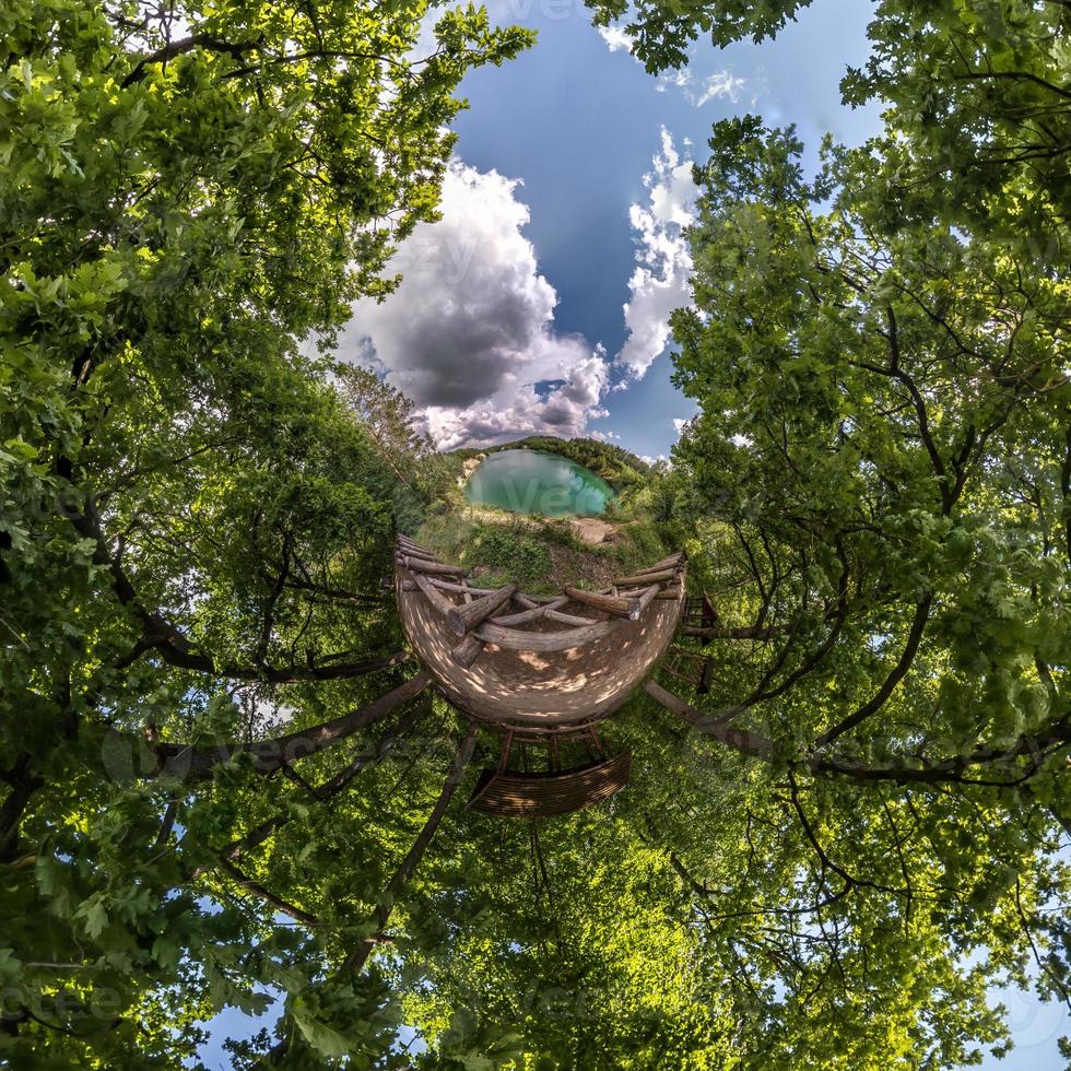 green tiny planet transformation of spherical panorama 360 degrees. Spherical abstract aerial view on forest. Curvature of space. photo