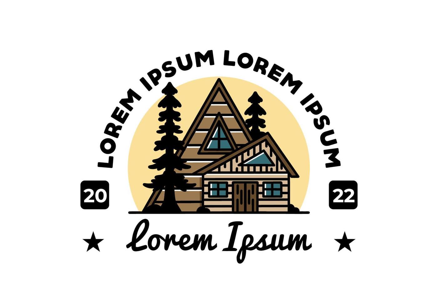 Aesthetic wood house between two pine tree illustration badge design vector