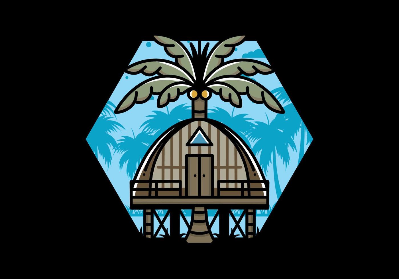 Wooden house with big coconut tree badge design vector
