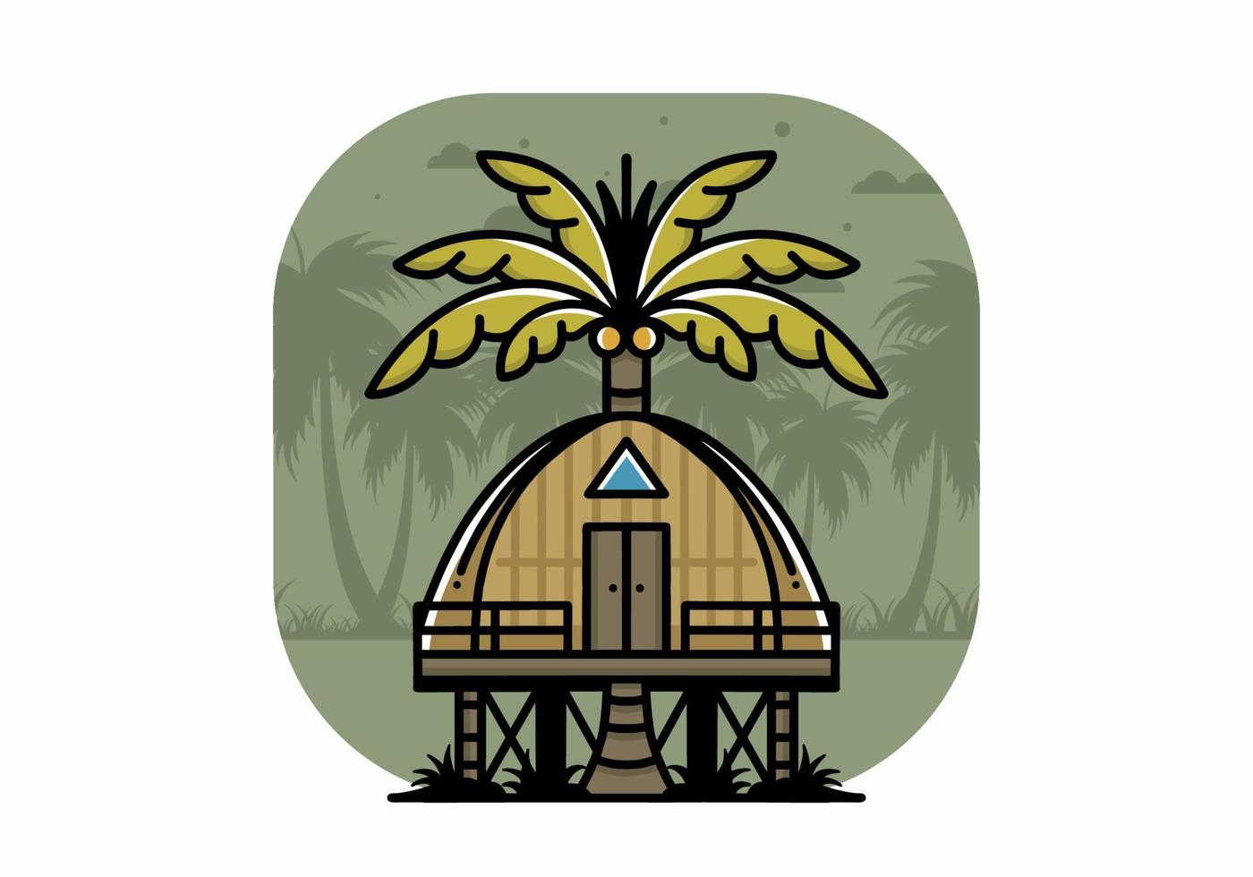 Wooden house with big coconut tree badge design vector