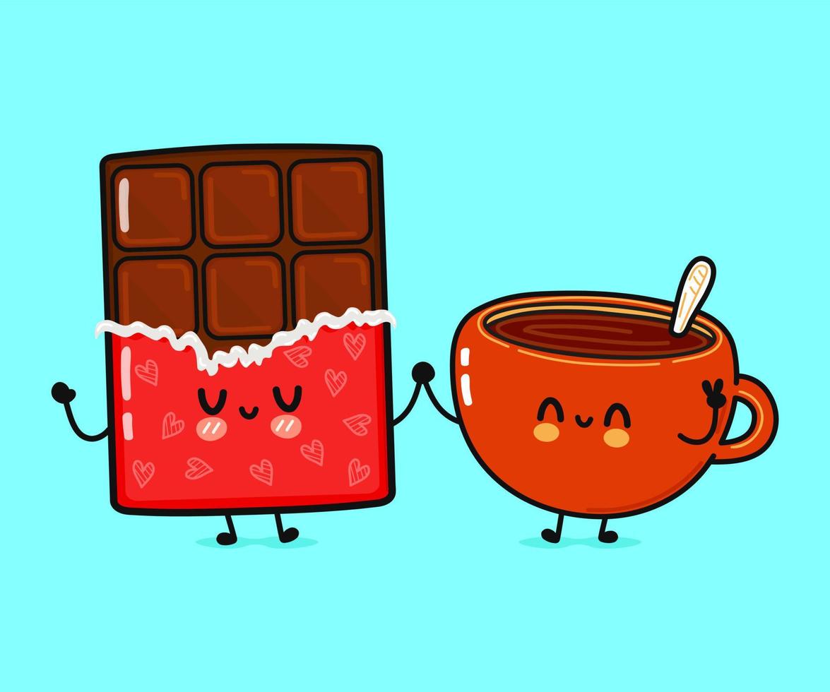 Cute, funny happy cup of coffee and chocolate character. Vector hand drawn cartoon kawaii characters, illustration icon. Funny cartoon cup of coffee and chocolate friends concept