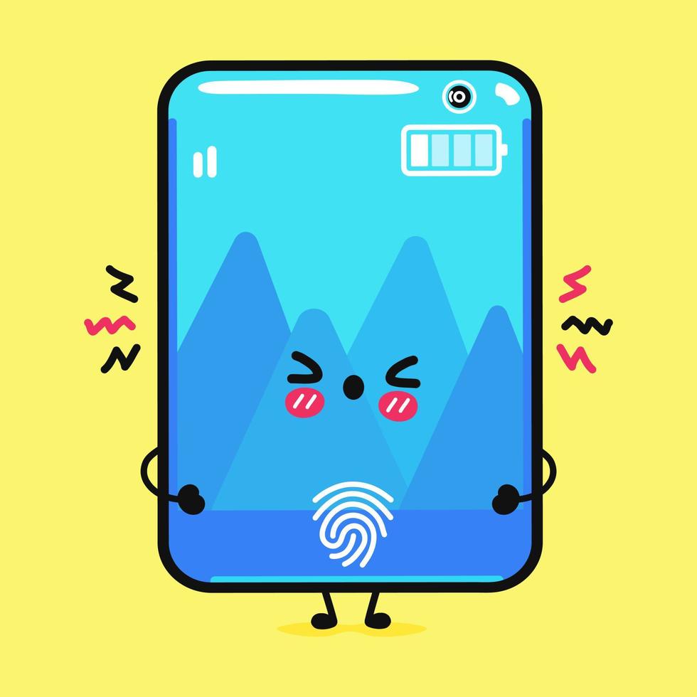 Cute angry smartphone character. Vector hand drawn cartoon kawaii character illustration icon. Isolated on yellow background. Sad smartphone character concept